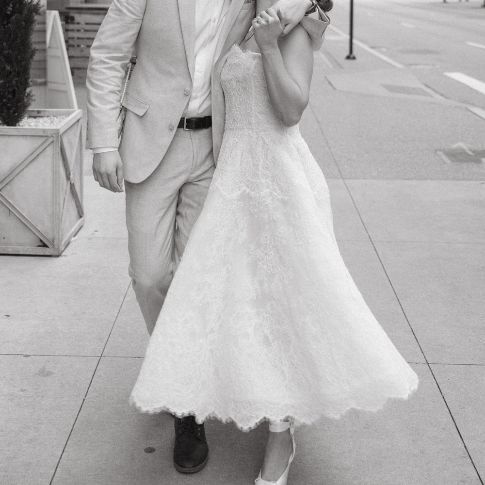 Bespoke White Lace Midi Dress with Scalloped Hem - Picture 2 of 7